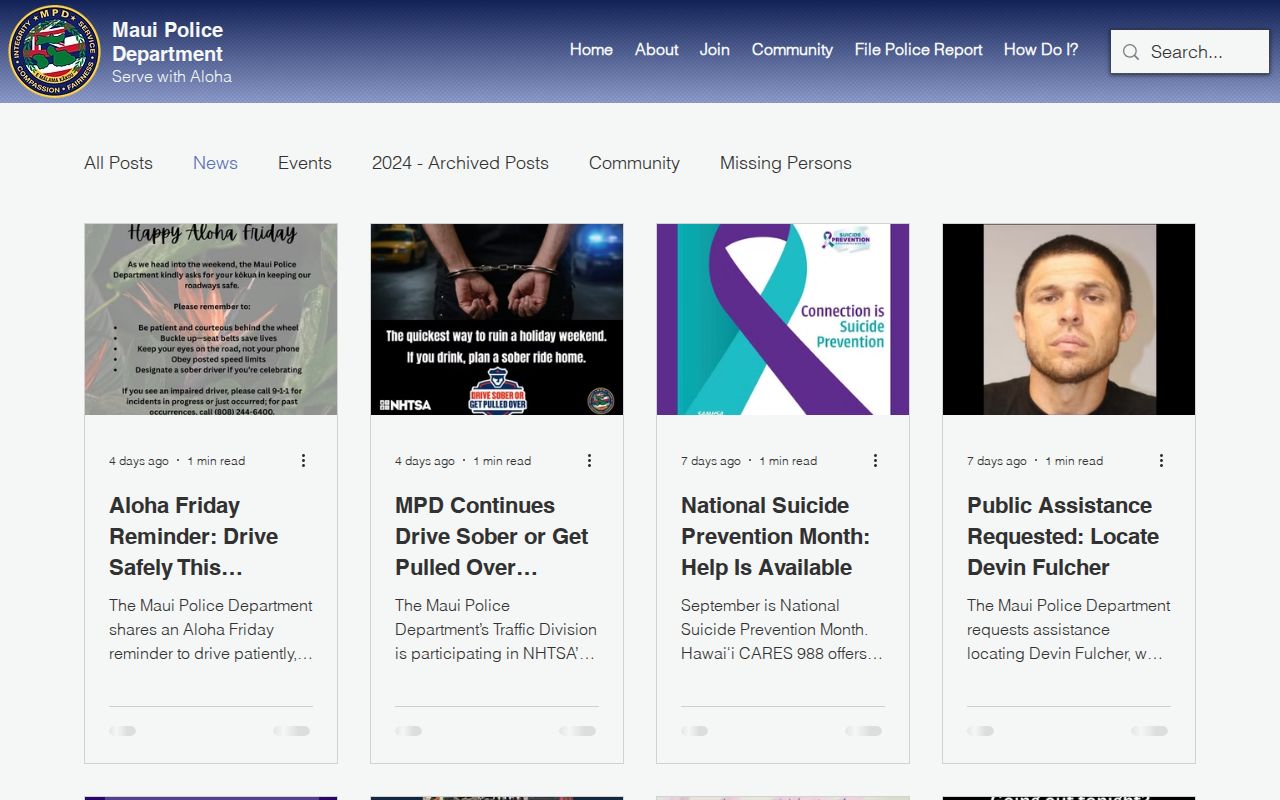 Maui Police Department News and Events page with selected agency posts