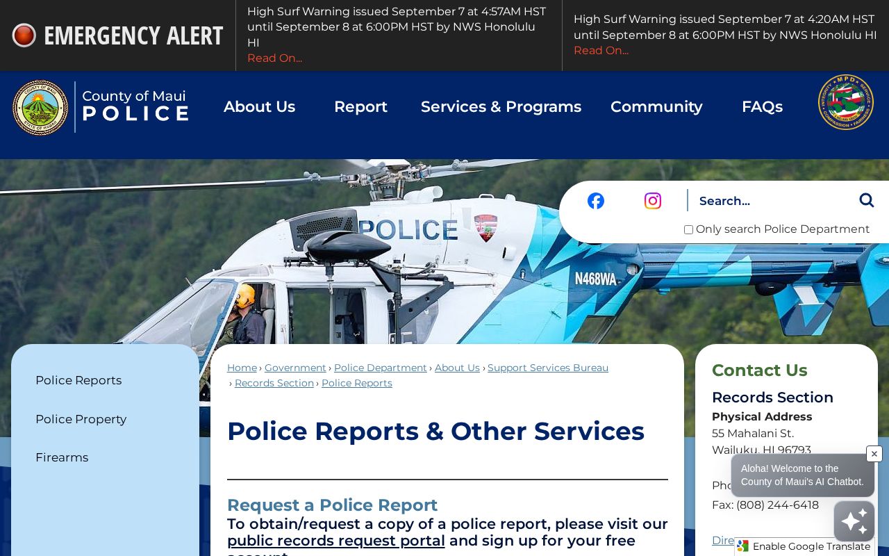 Maui County Police Reports page with official records request instructions