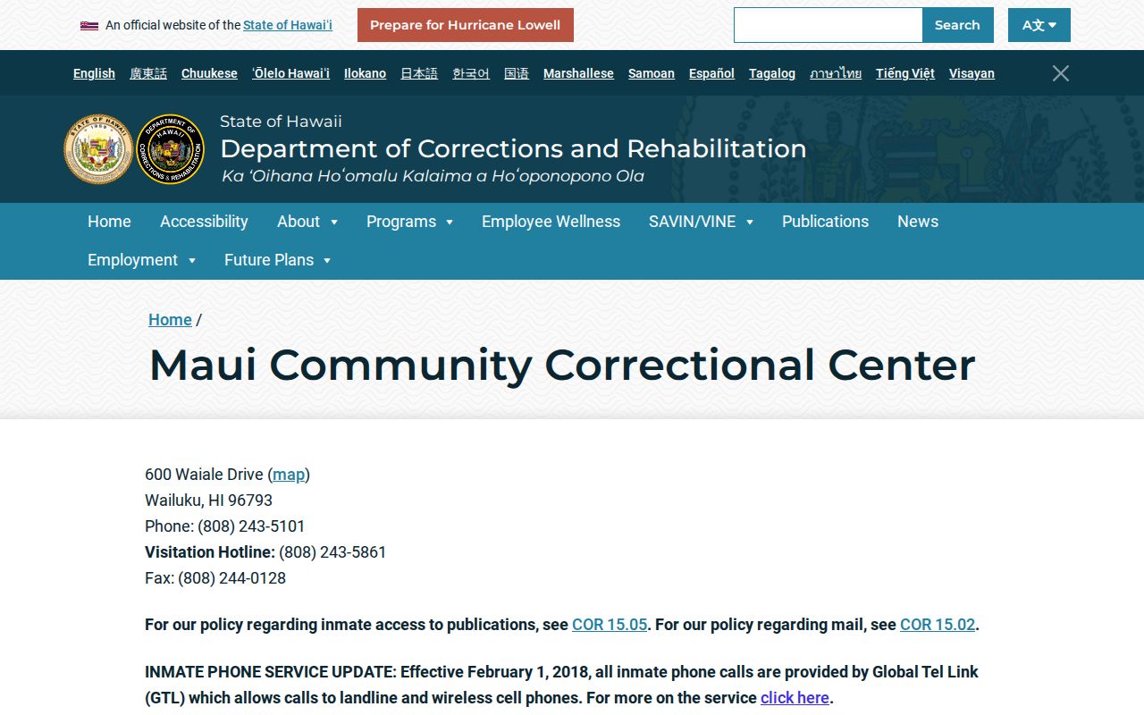Official Hawaii DCR Maui Community Correctional Center page
