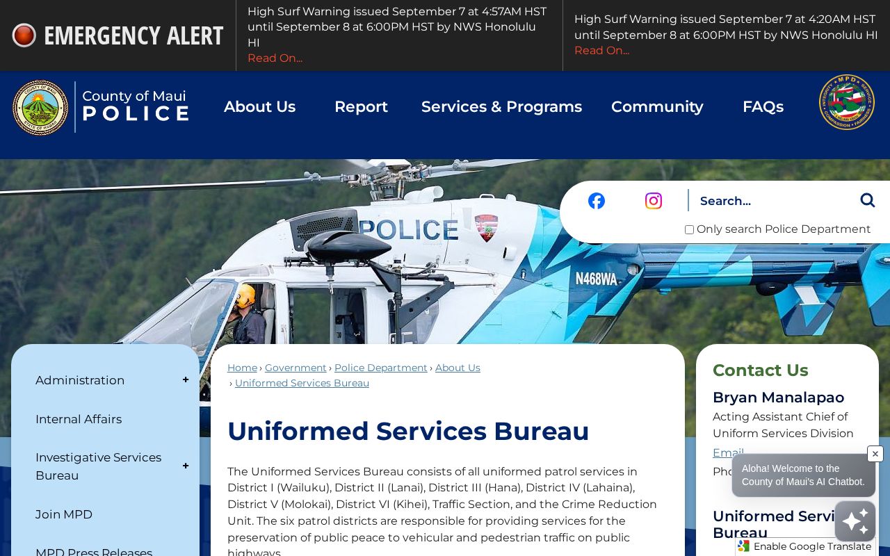 Maui County Uniformed Services Bureau page showing police district contacts relevant to Kahului