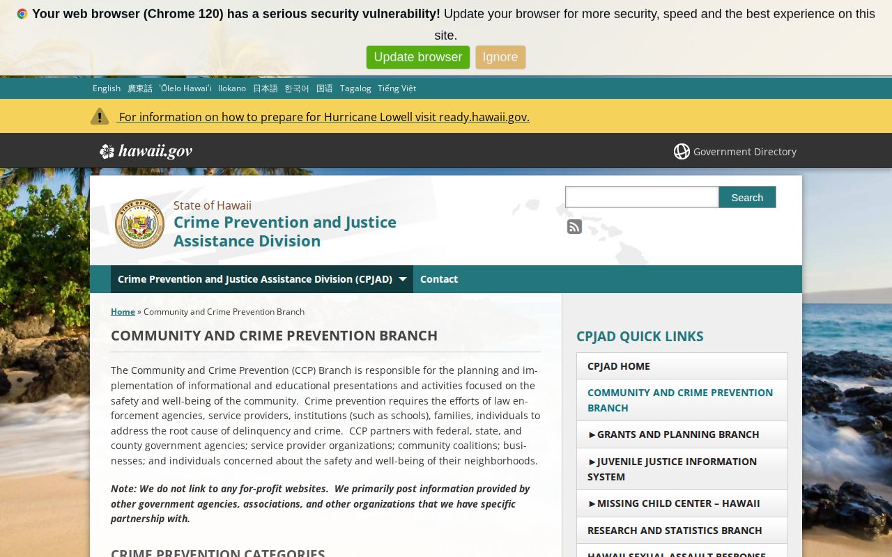 Hawaii Attorney General page listing Maui Crime Stoppers contact information